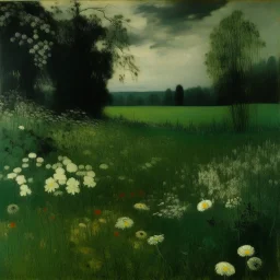 A dark green meadow with viny flowers painted by Edgar Degas