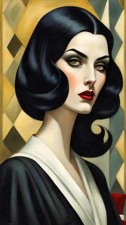 Fred Calleri, Tamara de Lempicka, Fabio Hurtado , retro style art ,muted colors, hard impressionists brushstrokes, full body portrait, mature, elegant vampire sorceress, highly detailed black hair and facial features, big round eyes, intimate, perfect anatomy, fading edges, combined with the photographic style of Diane Arbus