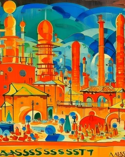 An orange colored crystal factory in a plague painted by Wassily Kandinsky