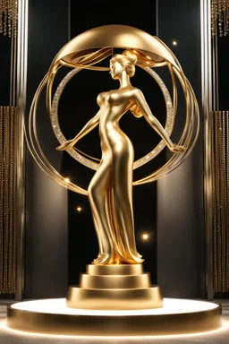 A magnificent golden and silver heart-shaped sign adorned with a stunning golden sphere encrusted with sparkling diamond clusters at its center, elegantly spinning in position,a girl golden statue standing pose