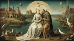 Style Hieronymus Bosch, order, peace, lovers embracing, luxury, dream world, calm beauty, fantasy world, magic, beautiful composition, exquisite detail