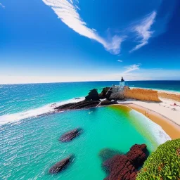 fullbody Drawing of 'beutiful beach, clouds, lighthouse,sunny day',intricate detail,andrea bonelli,Kilian Eng,Ohrai,evan lee,Aleksandr Sidelnikov,KyuYong Eom,three quarters frontal aerial view,toned colors,16k