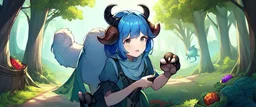 Two Girl goat horns, blue hair, clearing in forest, goat foot, cabbage in hand , hoof foot