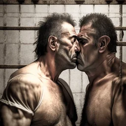 realistic, two italian prisoners 44 years old kissing in prison behind bars, dirty, ugly, bullneck, muscular chubby, in tank top, long hairs, manly chest, misery and poverty, emotive eyes, photo 50mm lens, side view, photorealistic, ultradetailed