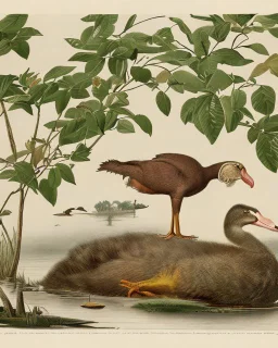 John James Audubon etching of a fully uncropped Dodo bird and a Platypus in a chinoiserie landscape