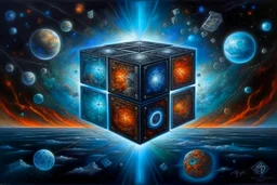 epic realism oil-painting of immovable cube physically coliding with unstopable kenetic energy force traveling in multiverse, florecent