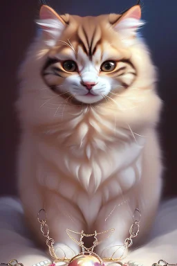 A realistic cute adorable fluffy plushy smiling cat holding a basket of jewels and gems. His fur is realistic. The background is a romantic carpet bokeh digital painting extremely detailed studio lighting crisp quality and light reflections 8k cinematic lighting portrait photorealistic ultra detailed cinematic postprocessing focused