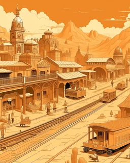 A light orange western town with a train station designed in African masks