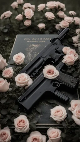 A grave in a field full of roses. Above the grave is a white lace scarf and a gun.cinematic