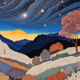 Many colors, peaceful, Egon Schiele, Max Ernst, night sky filled with galaxies and stars, rock formations, trees, flowers, one-line drawing, sharp focus, 8k, deep 3d field, intricate, ornate, one million strokes