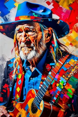 captivating conceptual painting of the iconic rock star, Willie Nelson, rendered in a vibrant and abstract art style. The background is a swirling, chaotic mix of artistic strokes that evoke a sense of rebellion and energy. The overall composition is a celebration of creativity, movement, and the essence of rock 'n' roll., vibrant, painting, conceptual art