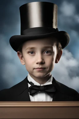 facial portrait - 10-year-old Abraham Lincoln is posing for his school picture - wearing a black suit and tie and a top hat - Sparkling, Sky blue Background, professional quality studio 8x10 UHD Digital photograph by Scott Kendall - multicolored spotlight, Photorealistic, realistic stock photo, Professional quality Photograph. colored Fog