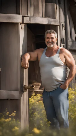 half figure photography of a smiling tonic burly beefy overweight muscular turkish farmer 51 years old, sweat, near a tractor, short curly hair, short white bear, manly chest, hand on the fap, in tank top with bulging boxer, near the door of a large barn, under the sun, photorealistic, side light