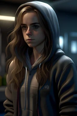 hermione granger wearing leggings and a and a tight fitting hoodie. Photo realistic and 4K resolution