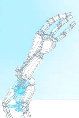 Draw mechanical arm with slender flexible structure and flexible joint drawing scientific papers. The three-dimensional structure in the figure needs to be filled with color, and the background uses the light blue sky composition.