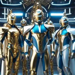(masterpiece, best quality, 8k, RAW photo, beautiful and aesthetic:1.2), complex detail, Indirect light, photorealistic, (((full body))), Meeting of a group of caucasian and asian cosmic male gods smiling, Mixed, sci-fi and cyborg outfit Tron like with golden futuristic artifacts, white, blue and silver elements- Inside a great room of a flying saucer with a round hublot showing a galactic sunset