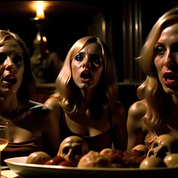 Horror movie shot, spooky, hot, ultra realistic, dine, horns, ultra realistic hot blonde women, party, pieces of meat, organs, ail, dynamic, very excited people, hypermaximalist figures, light, 1970's Italian horror movie, sinister,, Dario Argento, Stanley Kubrik, ornate, 4k, photorealism