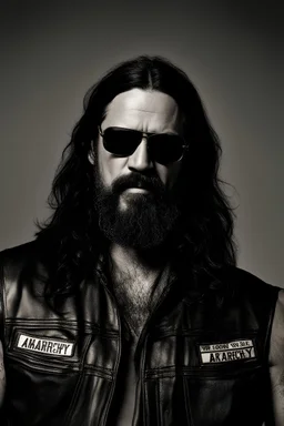 45 years old man with long black hair and long black beard, sons of anarchy, portrait, photographic, harsh look, black sunglasses, crazy