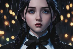 wednesday addams in 8k realistic anime drawing style, Addams family them, neon effect, close picture, rain, highly detailed, high details, detailed portrait, masterpiece,ultra detailed, ultra quality