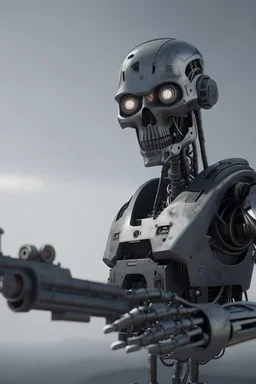 a scary robot with a gun searching for humans looking right far away