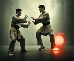 mdjrny-v4 style, twin plain clothed American kung fu artists in a fighting stance, dramatic lighting, epic photo, volumetric lighting, detailed, photo realistic, by drew struzan, analog style, blur haze, cinematic,