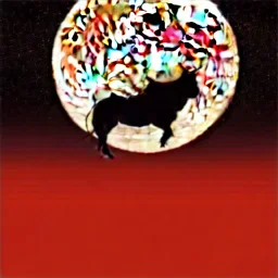 red samurai riding a red rhino, full moon background