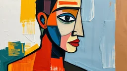 analogue collage (110 x 80cm) " a striking abstract cubist Picasso style design with face strings tape brightly colored impasto oil paintings.one eyes white a head two curved. Cubism breaks objects into geometric shapes. resting on a body holes hexagon, expressive brushstrokes bring depth and texture to the art, capturing a subtle yet bold presence" Hundreds of photos, creating a sense of depth and calm with scissors and glued onto collage board.