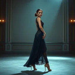 Full-body fashion editorial photograph of an elegant and beautiful woman. She is wearing a sophisticated, delicate dark cyan lace evening gown with modest coverage and matching high heels. Captured in a high-end luxury ballet stage setting with soft, dramatic studio lighting that highlights the texture of the lace. Graceful posture, professional model pose, realistic skin textures, cinematic atmosphere, haute couture style in a luxury stage.