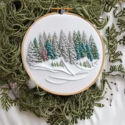 exquisite whimsical snowy forest in embroidery hoop, intricate, highly detailed, linen and wood backdrop