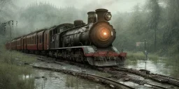 abandoned train of hogwarts on tracks overgrown by nature with large puddles of water flooding part of tracks, rain, farway dragon fly, 8k resolution, high-quality, fine-detail, intricate, digital art, detailed matte, volumetric lighting, illustration, 3D octane render, brian froud, howard lyon, selina french, anna dittmann, annie stokes, lisa parker, greg rutowski