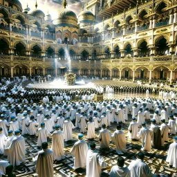 The scene in Mecca: People wearing white Ihram clothes, men without head coverings, women with veils, circumambulating around the Kaaba, and above them are transparent white spirits of children, men, and women with wings revolving around the Kaaba.