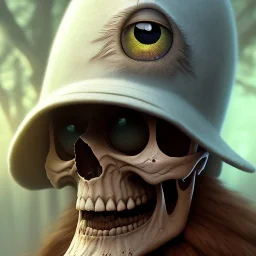 stunning disney Pixar cartoon, cartoon grumpy skull with hat, full shot, confused eyes, realistic eyes, beautiful perfect symmetrical face, extremely detailed, ultra hd, hdr, 8k, cinematic, dramatic lighting, Stanley Artgerm Lau style, beautifully color-coded,studio Portrait Lighting, illuminated face, golfers hat, hair sticking out of hat, plain black background, no gradient color