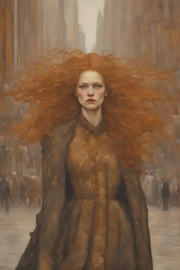 Ginger hair Alexandra "Sasha" Aleksejevna Luss psychology fantasy bombshells erect oil paiting In Sigmund Freud's death psychology display Gustav Klimt style, dream, symptom, image in the background in the city art display Gustav Klimt style artgerm display in the New York City