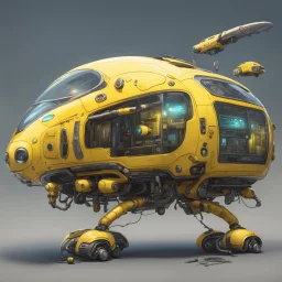 a yellow flying assistant robot bus, sci fi biopunk theme, detailed