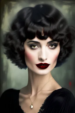 portrait of attractive 40 year French brunette who looks like Elodie Cherie with short hair, red lips and smoky eyes