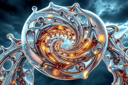 Dynamic complex hypnotic fractal 3D with horizontal Symmetry structures twisting and morphing between organic and geometric forms, smooth translucent iridescent glass with inner glow and bubbles, varied transparent materials, stormy skies, intense dramatic