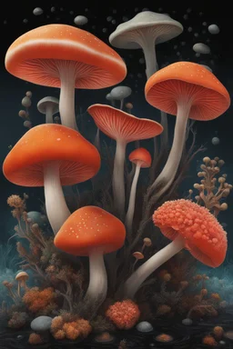 Exotic Flora, fauna, mushrooms, fungi and coral at the End of the Multiverse, rising from a black liquid surface.