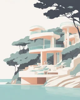 Architectural illustration of a captivating masterpiece of modern minimalist architecture, neo-futurist style. The scene shows a luxury house or resort on a cliff by the sea. Trees three people. Clear summer weather. Complementary colors.