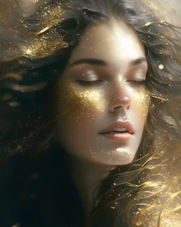 portrait d'une magnifique jeune femme brune aux cheveux ondulés. Son visage est neutre. Une vague d'or vient s'écraser sur son visage délicat. Des paillettes d'or scintillantes virevoltent autour d'elle. Des particules lumineuses tournent en tourbillon.