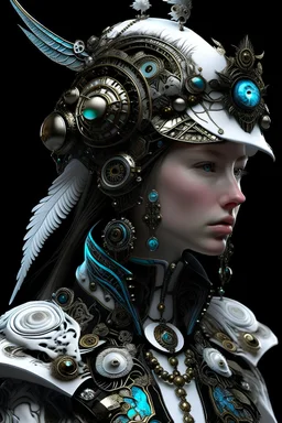 beautiful faced young white birdwoman biomechanical voidcore shaman adorned with filigree bronze patinated dust textured shamanism biomechanical leather filigree hat headdress wearing goth punk shamanism bronze and platina colour gradient biomechanical black mercury chain lace ribbed leather jacket embossed art nouveau florals, azurite, onix stone jade pearls ornated jacket organic bio spinal ribbed detail of biomechanic gothica extremely detailed hyperrealistic filigree concept portrait