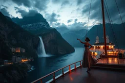 A modern city at the foot of the mountain. The entrance valley with a waterfall from a high rock.and huge sea with a very big ship in it, A beautiful lady dancer showing her performance in a poen stage on deck of ship in a top and midi skirt. at night ,dynamic color turnning lights