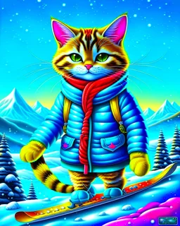 Hermosa Pintura coloreada de un gato antropomorfico con traje de esquiador, esquiando en la nieve, arte conceptual, calidad ultra, hiperdetallado,12k