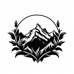 A simple black logo of an edelweiss surrounded by mountains in the Alps, vectorized, white background
