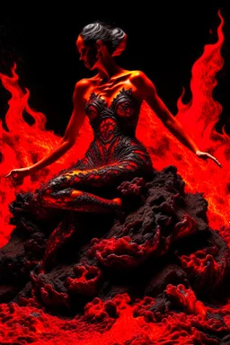 Behold a mesmerizing masterpiece portraying the full embodiment of fiery elegance as a woman crafted entirely of molten lava commands the canvas with her captivating presence, the artwork is highly detailed and exudes intricate textures, showcasing the smooth, fluid-like nature of the molten lava, the lighting accentuates the fiery glow, casting vibrant and dynamic shadows that dance across the scene, this digital illustration, reminiscent of artwork by ruan jia, Mandy Jurgens, Artgerm, and zdis