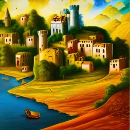 an ultradetailed painting of a popi village, castle, golden ratio, 8 k resolution, oil on canvas, landscape with Bright Colors, pop art