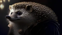 portrait of a suave bounty hunter hedgehog. intricate details. photo real. reflections. 8k. subtle light streaks