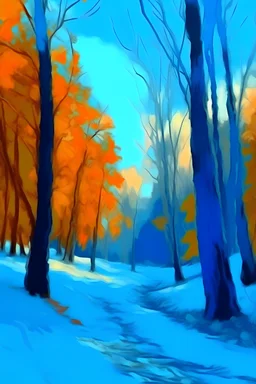 a winter forest with a lot of trees in Claude Monet's painting style, with more blue and orange strokes, with brush texture and Impressionism painting style