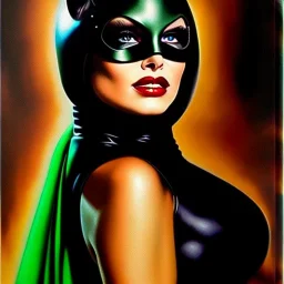 portrait oil on canvas, beautiful busty Catwoman,green eyes, ,minimal armor,comic book cover, mystical colors,insanely detailed,realistic,intrincate detail, 16k resolution, masterpiece,Frank Frazetta,Alex Horley, Simon Bisley