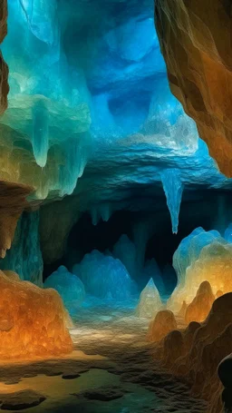 A tan underground cavern with geode crystals painted by Claude Monet