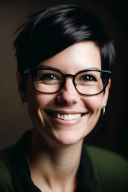 portrait of a 30 year old woman named Sabina, caucasian, full lips, black short hair, glasses smiling